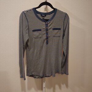Chaps Women's Long Sleeve Striped Henley Top Size Large Navy Blue White Ribbed